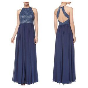 Vera Wang Blue Fog Lace Halter Open-back Dress